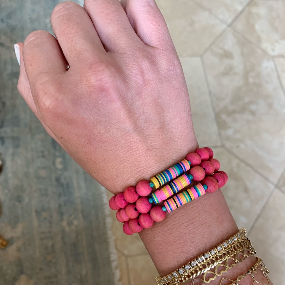 Pink Wood & Rainbow Vinyl Stretchy Bracelet Set